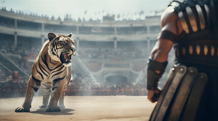 Tiger against gladiator in the Colosseum. - obrazy, fototapety, plakaty