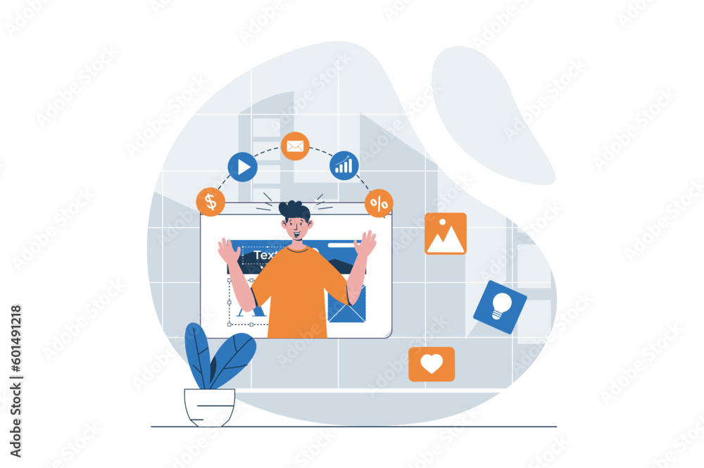 Poster digital marketing web concept with character scene. man creating viral video and different content f