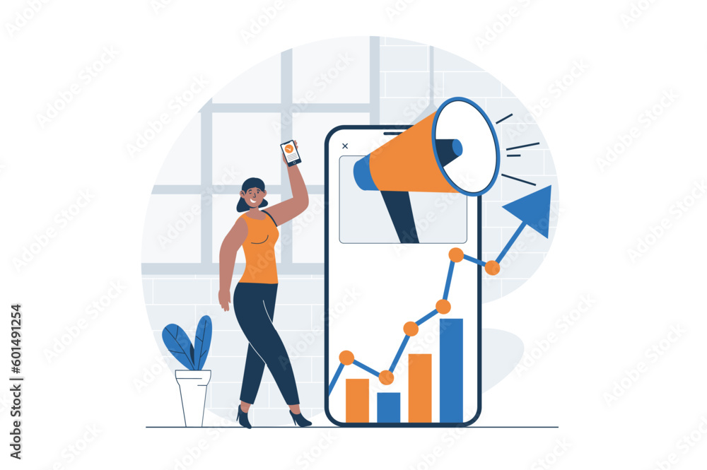 Leinwandbilder Digital marketing web concept with character scene. Woman creating different advert content, analyzing data. People situation in flat design. Vector illustration for social media marketing material.