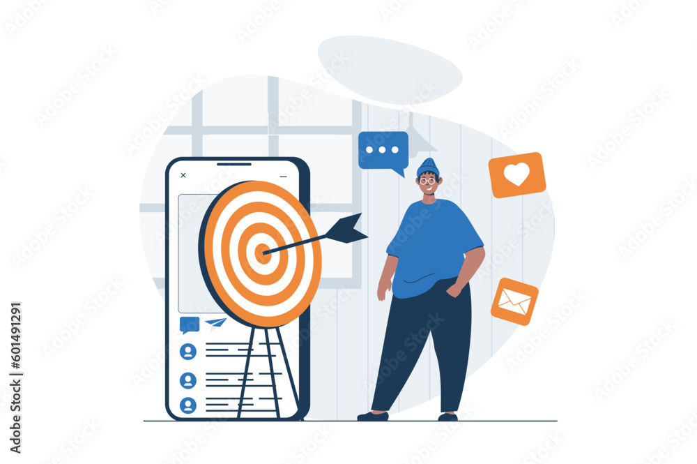 Poster digital marketing web concept with character scene. man making advertising and targeting audience on