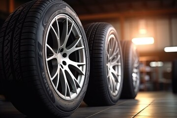4 new tires that change tires in the auto repair service center, blurred background, the background is a new car in the stock, Generative AI Technology