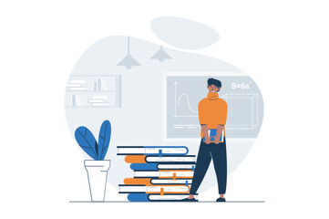 Education web concept with character scene. Student answering by blackboard in class and preparing exams. People situation in flat design. Vector illustration for social media marketing material.