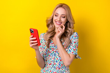 Photo of pretty cute dreamy lady blogger wear stylish clothes touch mouth use device read popular...