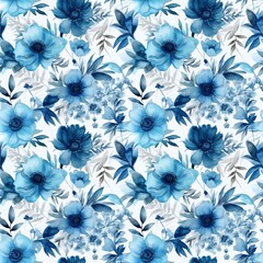 watercolor seamless texture pattern of blue flowers and leaves on a white background. Generated AI