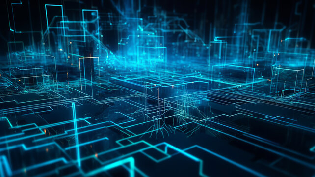 Digital binary code matrix background - 3D rendering of a scientific technology data binary code network conveying connectivity
