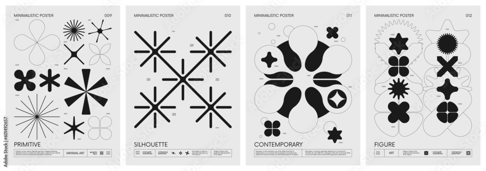 Poster retro futuristic vector minimalistic posters with silhouette basic figures, extraordinary graphic el