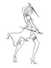 A woman posing with sharp swords is hand drawn in one line and line art style. Anime style body expression. Printable art.