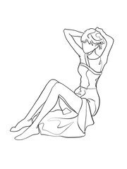 A woman posing in Japanese traditional dress is hand drawn in one line and line art style. Anime style body expression. Printable art.