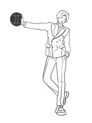 A man stoping the ball is hand drawn in one line and line art style. Anime style body expression. Printable art.