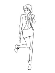 A woman posing in formal dress is hand drawn in one line and line art style. Anime style body expression. Printable art.