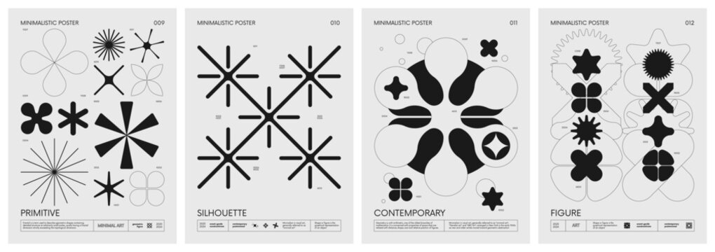 Retro futuristic vector minimalistic Posters with silhouette basic figures, extraordinary graphic elements of geometrical shapes composition, Modern monochrome print brutalism, set 3