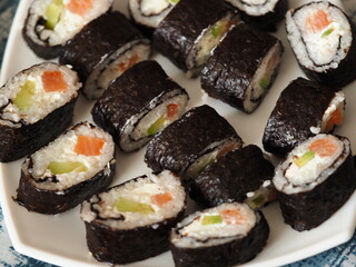 Sushi, rolls with salmon at home. High quality photo
