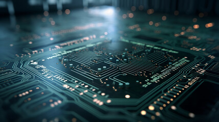 Printed circuit board/Abstract technological background made of different element printed circuit board. Depth of field effect and bokeh can be used as digital dynamic wallpaper - obrazy, fototapety, plakaty