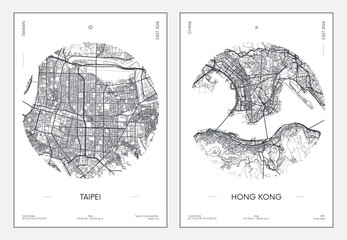 Travel poster, urban street plan city map Taipei and Hong Kong, vector illustration