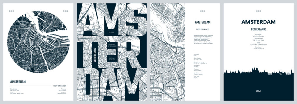 Set of travel posters with Amsterdam, detailed urban street plan city map, Silhouette city skyline, vector artwork