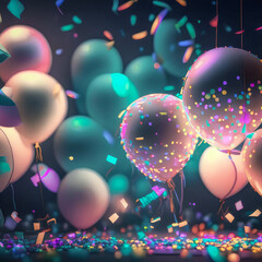 Bright colored balloons and confetti. Generative AI