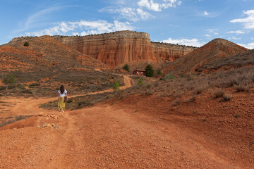 Fototapeta na wymiar Woman walking through spectacular desert in Teruel (Spain). Called the Red Canyon