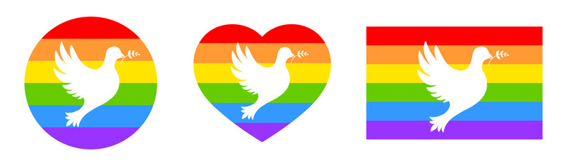 Happy pride month. Set of rainbow icons with white peace dove. Love is love, rainbow flag, lgbt pride. Heart-shaped and round logos. Human rights and tolerance