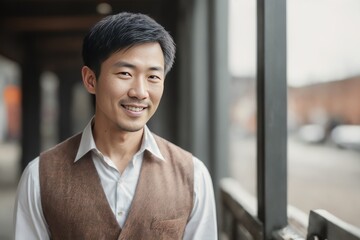 Obraz premium Portrait of the smiling an Chinese (Korean) male factory worker in an orange vest and industry background. Generative AI