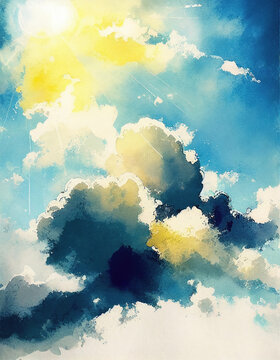 Sunny sky and clouds watercolor background. Generative AI watercolor sky