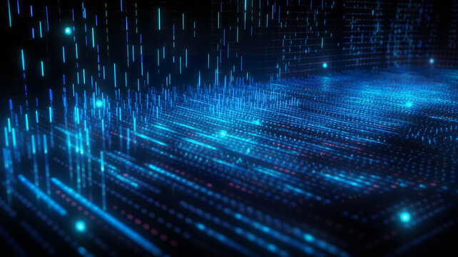 Terabytes of binary code data flying in a stream of information. Wavy field of coded blockchains. Neural network 3D illustration, bright colors