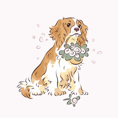 Hand drawn vector illustration of cute cartoon dog with basket of flowers isolated on background