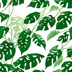 Tropical seamless Monstera plant pattern on white background, watercolor illustration for textile, manufacturing, wallpapers, print, gift wrap and scrapbooking. AI generated Generative AI