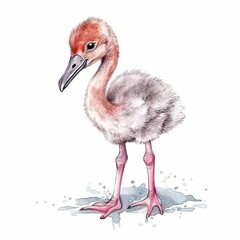 Baby Flamingo watercolor with ink outline on white background, high detailed (generative AI)