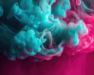 Fototapeta premium A wallpaper with glowing pastel teal and pink smoke on a hazy abstract background. (Generative AI)
