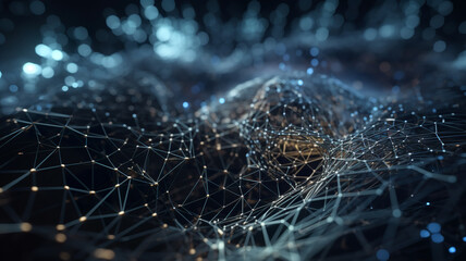 Data technology futuristic illustration. Wave of bright particles. Technological 3D landscape. Big data visualization. Network of dots connected by lines. Abstract digital background.