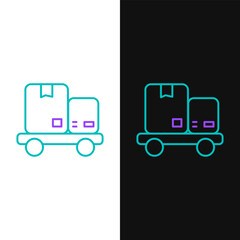 Line Hand truck and boxes icon isolated on white and black background. Dolly symbol. Colorful outline concept. Vector