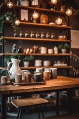 A stunning coffee shop photograph featuring a cozy setup and bokeh effect perfect for cafe/restaurant decor. (Generative AI)
