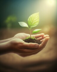 A young plant is held in hand with green nature in the background for eco earth day concept. (Generative AI)