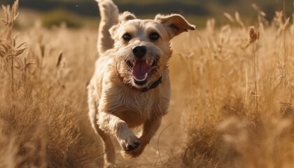 A cute pet enjoys the outdoors, running happily in a meadow in a close-up shot. (Generative AI)