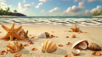 Fototapeta na wymiar A tropical beach with seashells and starfish on golden sand for a summer holiday. (Generative AI)