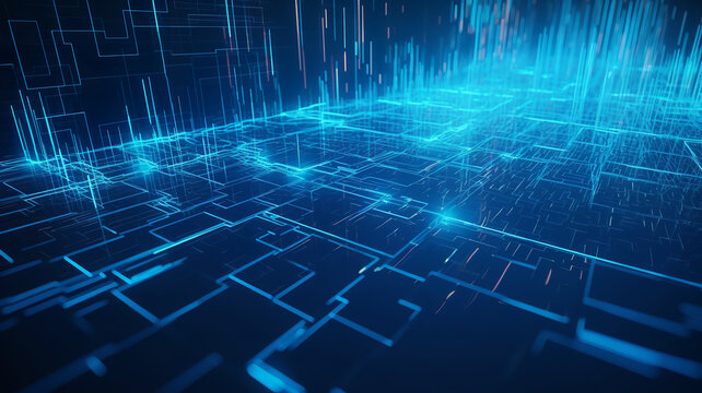 Digital binary code matrix background - 3D rendering of a scientific technology data binary code network conveying connectivity