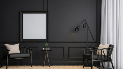 Frame mockup in black farmhouse living room interior. Generative Ai