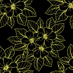 seamless contour pattern of large yellow flowers on a black background, texture, design