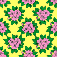 seamless pattern of large pink flowers on a yellow background, texture, design