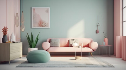 Furnished modern home interior in light pastel colors with poster mockup. Generative Ai