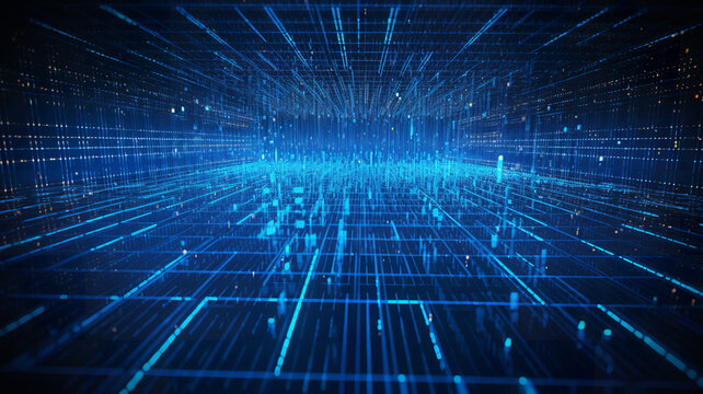 Digital binary code matrix background - 3D rendering of a scientific technology data binary code network conveying connectivity