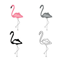 Flamingo icon set on white background. Colored cartoon black  monochrome outline vector illustration.