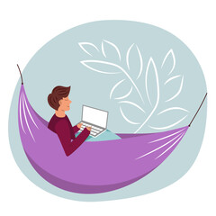 Vector. Work from home, coworking, concept design. Young people, men  freelancers working on laptop and computer at home, dressed in home clothes. Cute illustration in flat style.