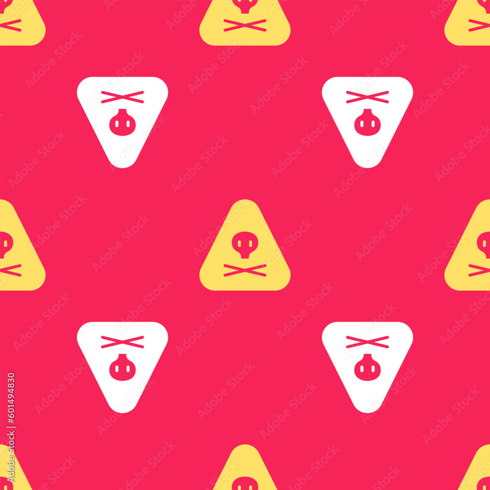 Poster yellow triangle warning toxic icon isolated seamless pattern on red background. vector