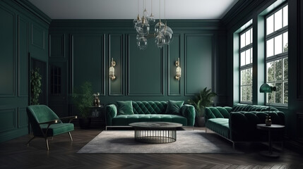 Livingroom mockup with a dark green sofa and emerald color walls. Generative Ai