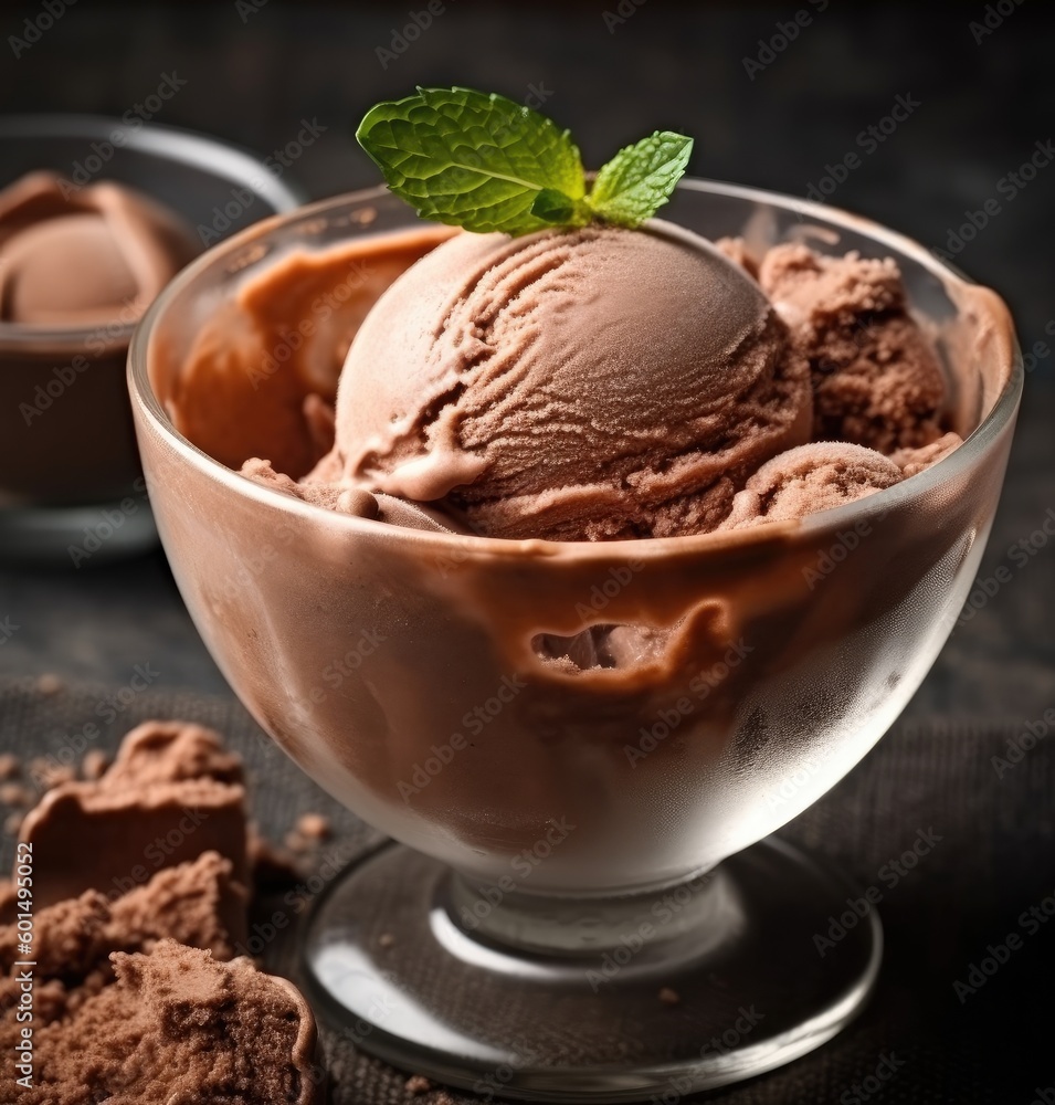 Aufkleber bowl of chocolate ice cream isolated on dark background. from top view created with generative ai te