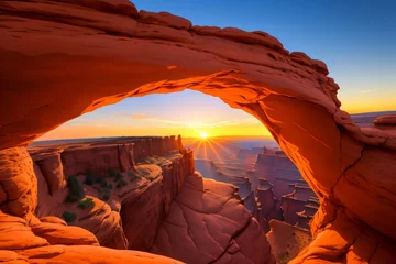 Peel and stick wall murals Rood violet Scenic view of Mesa Arch in Canyonlands National Park during sunrise. Generative AI