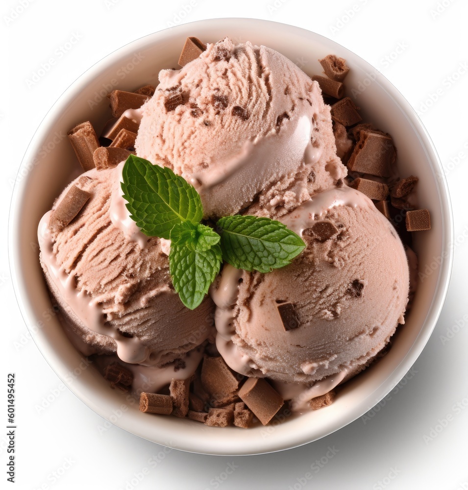 Poster bowl of chocolate ice cream isolated on white background. from top view created with generative ai t