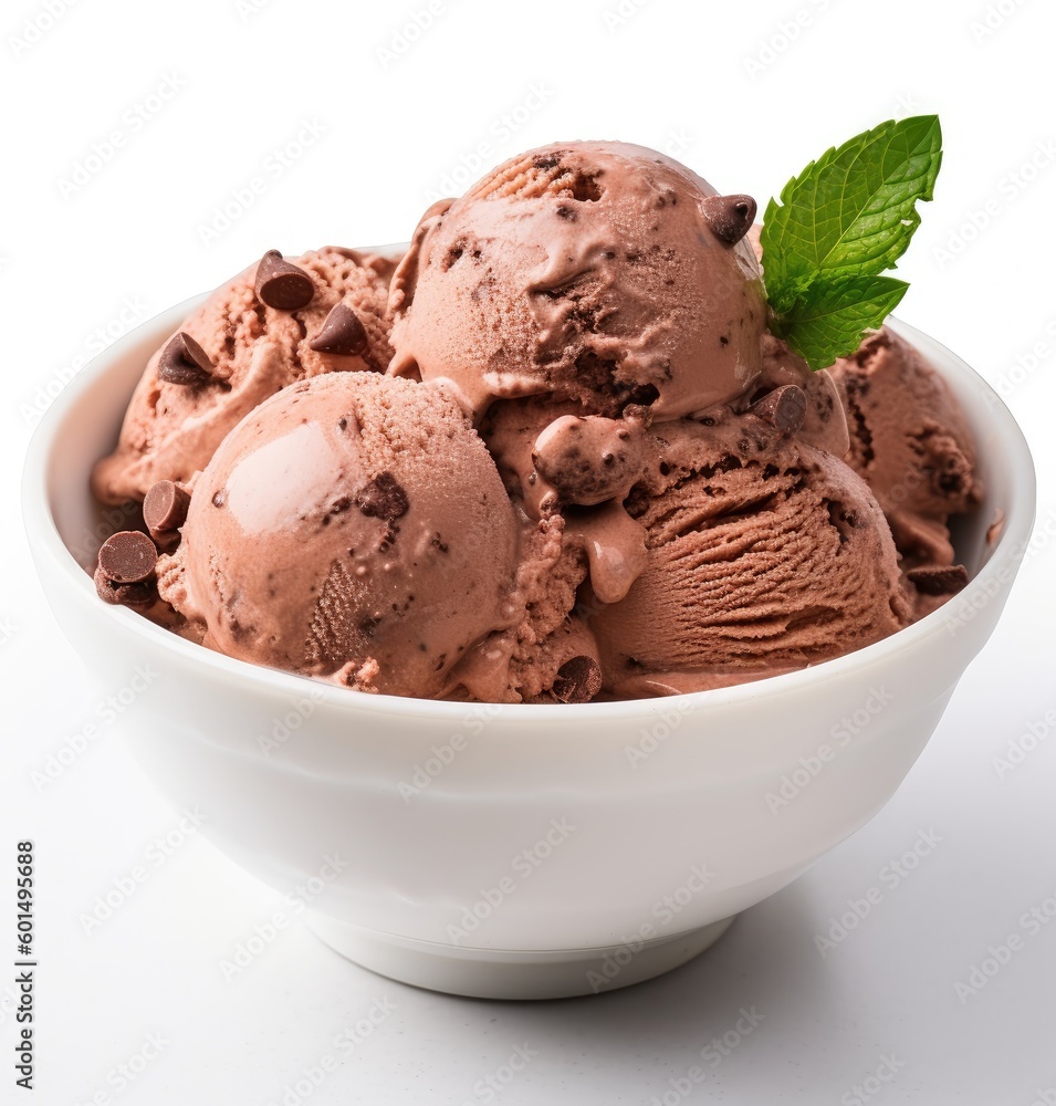 Poster bowl of chocolate ice cream isolated on white background. from top view created with generative ai t