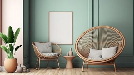 Mockup frame close up in modern home interior with rattan furniture. Generative Ai
